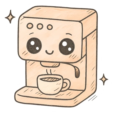kawaii coffee machine, full body, big sparkling eyes, soft pastel colors, hand-drawn style sticker