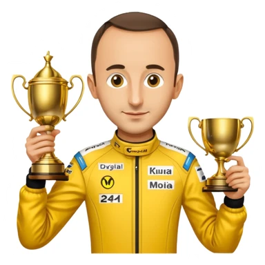 Robert Kubica without helmet, wearing yellow racing suit, holding 24h Le Mans trophy, Apple emoji style sticker