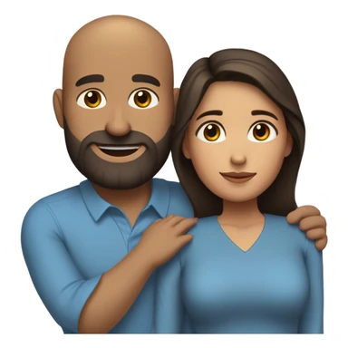 Comforting hug from brunette Puerto Rican with dark brown eyes wearing a cute blue blouse to short, bald man with brown eyes and a beard sticker