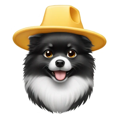 Black and white Pomeranian wearing a cheese hat sticker