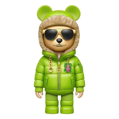 bearbrick toy with cubic head wearing a lime green balaclava with graffiti logos, oversized puffy jacket with fur hood trim, sleek single-piece visor sunglasses, gold chains around neck sticker