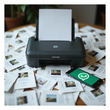 realistic thumbnail image for a WhatsApp print out service, showing a printer surrounded by many printed pages of WhatsApp chats, with a phone displaying the WhatsApp app sticker
