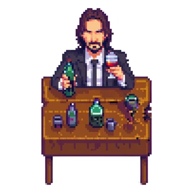 John Wick drinking, pixel art style sticker