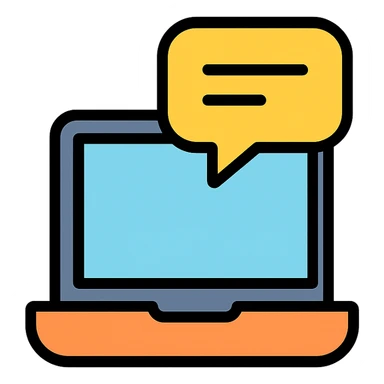 ordinateur avec une bulle de conversation au dessus, style icône moderne, couleurs vives sticker