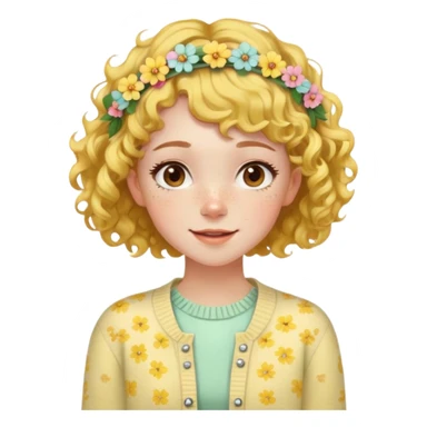  A freckled girl with short curly hair, a floral headband, and a pastel yellow cardigan, looking joyful. sticker