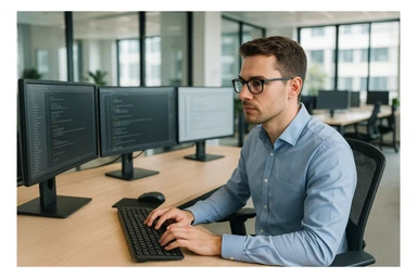 IT specialist working at a computer in a modern office, professional, clear details sticker