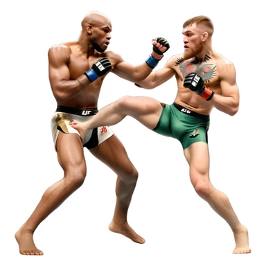 An MMA showdown between Conor McGregor and Anderson Silva in the octagon. McGregor is executing a powerful jumping strike, while Silva is expertly blocking the attack with his forearm. The background features the UFC octagon, fans in the distance, and dynamic action. Transparent background sticker