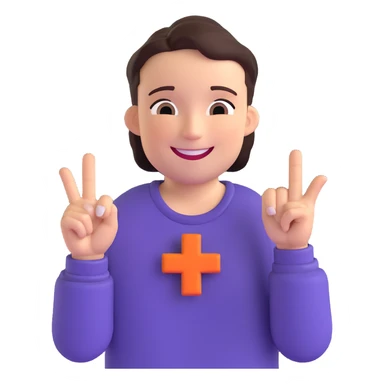 a friendly person smiling and forming a plus sign with their fingers in front of their chest, one hand horizontal, one vertical, lively and positive expression sticker