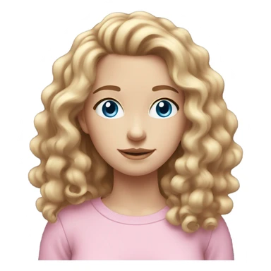 Pale skinned young female with brown curly hair and blue eyes wearing a pink crewneck sticker