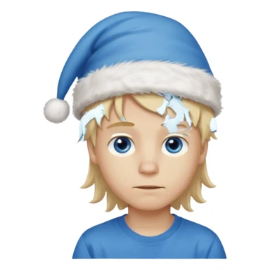create boy blonde hair long messy, light eyes, white t shirt, rich, long hair, eyes blue, acessory head cristimas blue hat sticker
