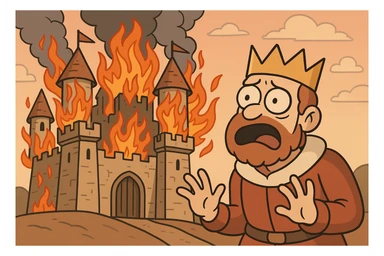 castle on fire, stylized cartoon, bold lines sticker