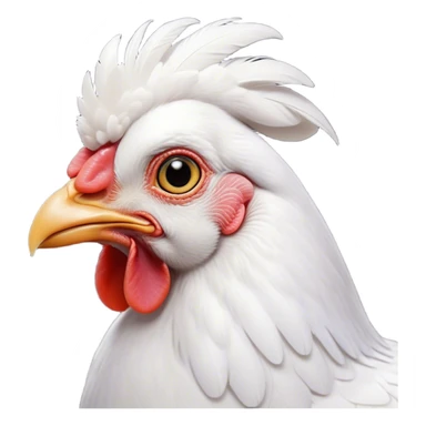 Cinematic Noble White Chicken Portrait Emoji, Poised and regal, with a compact, sturdy build and a pristine, well-groomed pure white plumage, deep-set soulful beady eyes, Simplified yet sharp and sophisticated features, highly detailed, glowing with a soft, dignified glow, high shine, intelligent and alert, stylized with an air of barnyard elegance, focused and attentive, soft glowing outline, capturing the essence of a watchful and confident fowl, so majestic it feels as though it could strut out of the screen with effortless authority! sticker
