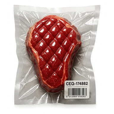 diamond-textured meat steak, shiny and inflated, vacuum-sealed style sticker