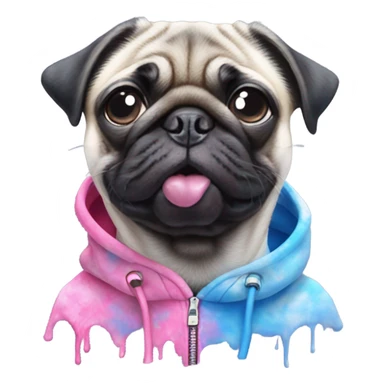 Pug sticking tongue out wearing pink and blue Tye dye hoodie sticker