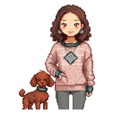 Asian woman with dark brown eyes and hair, wearing a cozy knit sweater, standing next to a small red poodle sticker
