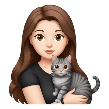 Hot curvy woman, long hair, with super cute cat, she is white with brown hair, black top, the cat is a grey tabby sticker