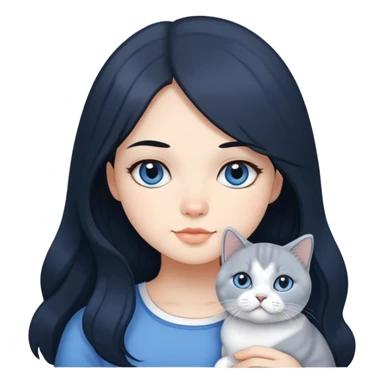 A girl with long black hair is holding a blue and white British shorthair sticker