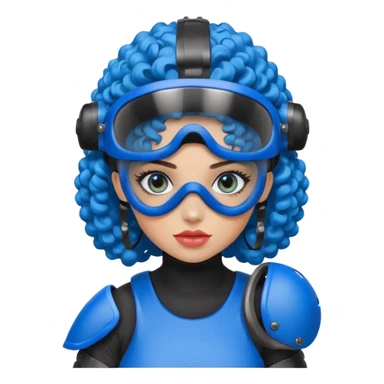 blue curly girl with huge earringswearing paintball with red paintball helmet with eye protection, only face  sticker