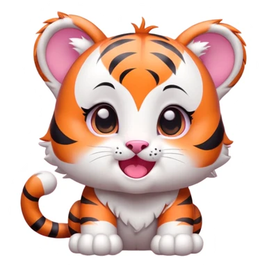 【形象】

Q版幼虎（圆脸+大眼占脸1/3）

橙白配色+粉爪垫

腮红/星星眼特效

【表情】
必备款：
1️⃣ 爱心眼吐舌❤️
2️⃣ 炸毛飞机耳💢
3️⃣ 泪目委屈脸😢
4️⃣ 挥手眯眼笑👋

【风格】
扁平插画+粗轮廓线
高饱和度+3色内简洁

【规格】
透明PNG｜512x512px
文字区：顶部/底部15%
字体：圆润可爱型

【文字】可选配：
"嗷呜~" / "摸鱼中" / "就这？"

（✅ 可加虎头帽/云朵背景） sticker
