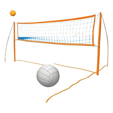 The scene captures a sunny beach atmosphere with clear blue sea and sky, palm trees swaying, and people in swimsuits enjoying the vibrant surroundings. A volleyball resting on the orange sand ground of a beach, with a volleyball net in the background.  sticker