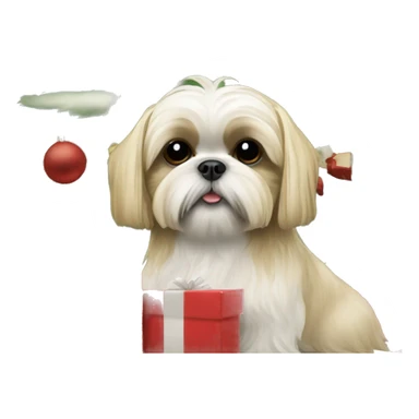 Blonde Shih tzu in front of a Christmas tree with presents sticker