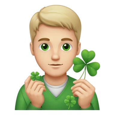 A white guy holding a Clover of 4 leaves sticker