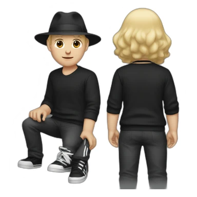 White man with short blond hair wearing a fedora black hat, and a black adidas sweater sticker