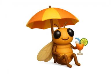 EMOJI STILE IPHONE 3D DI UNA CICALA CHE STA RILASSATA SEDUTA SOTTO L'OMBRELLONE IN SPIAGGIA CON UN COCKTAIL IN MANO sticker