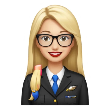 long blonde straight hair, black rectangle glasses, smiling, lipstick, full length eagles uniform, 33 sticker