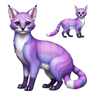 Colorful dark tropical pastel-lilac-lavender-violet iridescent pastel white glorious divine exotic cute cool beautiful shiny beautiful fantasy-caracal-civet-genet-sergal-vernid-Cacomistle-oncilla-animal-Fakémon-hybrid-fursona (full body) sticker