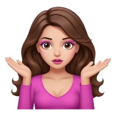 girl with long wavy brown hair, brown eyes, long lashes makeup, sexy pink lips, light to medium complexion, pink sexy top, shrugging with both hands, confused sticker