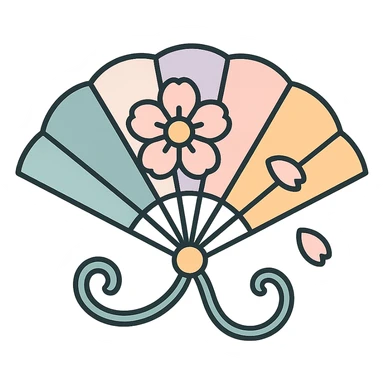 Chinese fan with curved cords, floral ornament and petals, high detail, complex shadows and highlights, thin clean outlines, soft rounded shapes, pastel palette #98B5BC, #B5B3C1, #C9A3C9, #E4C0CA, #F7DCD1, #F7C0AA, modern Japanese pop art and sticker aesthetic, soft lighting, transparent background sticker