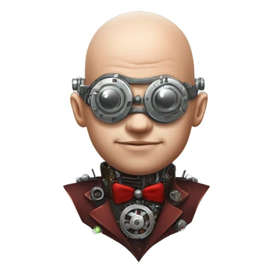 Bald cyborg head with red Mohawk, red beard. silver steampunk monocle goggles a smile and circuits sticker