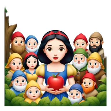 Snow White standing gracefully in a lush forest, surrounded by the Seven Dwarfs sticker