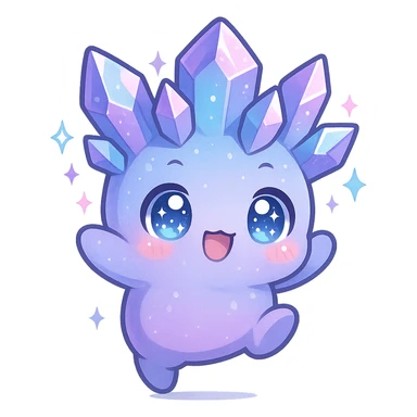 kawaii chibi style crystal sprite creature, purple, blue, and pink, jumping pose, sparkling eyes sticker