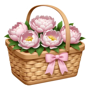 White Picnic basket with light pink bow and white peonies inside sticker