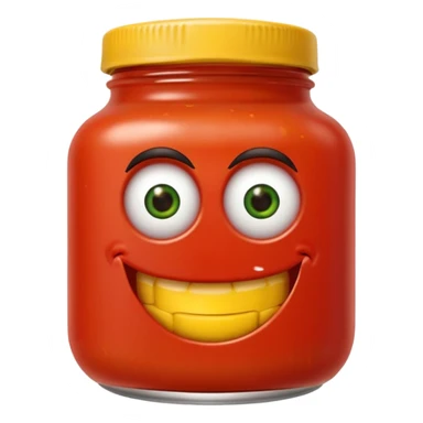 Un tarro de salsa de tomate y un tarro de salsa de mostaza al uno al lado del otro, los dos tarros con ojos sticker