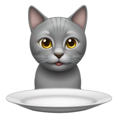 Hungry grey cat near empty plate sticker
