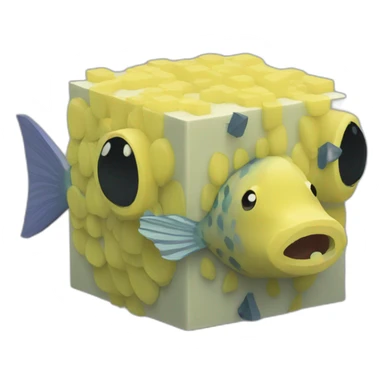 cube yellow fugu fish with two fins and tail in minecraft style full size sticker