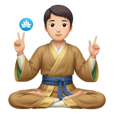 asian man in hanfu closing sitting in lotus pose, pointing one finger to sky as wisdom gesture sticker
