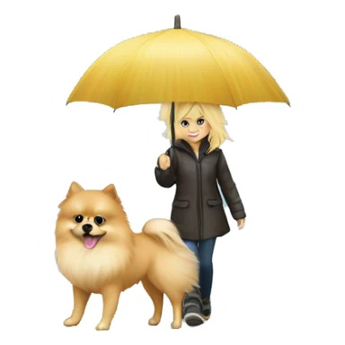 Blonde girl walking pomeranian under the rain sticker