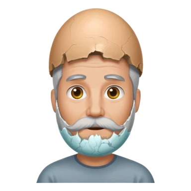 grey haired man with beard middle aged with a large egg shell on the head sticker