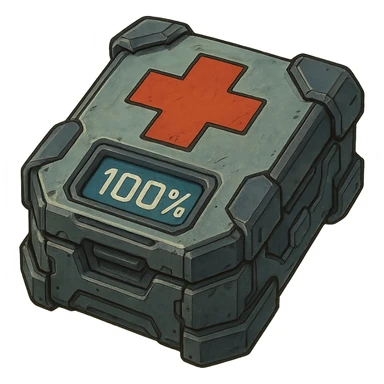 the image is the icon for a videogame pick up item, it is a medkit, medic kit, %100, fututistic cyberpunk, "HALO:  Reach" sticker
