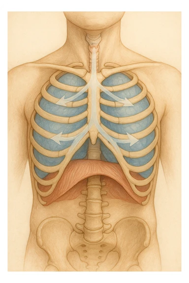 A realistic, high-quality anatomical illustration showing a human torso with visible rib cage and diaphragm. The ribs are shown in a decompressed, expanded state, allowing full lung expansion, while the diaphragm is depicted as relaxed and lowered, indicating deep, efficient breathing. Soft blue and warm tones highlight airflow and lung capacity, with light arrows illustrating the air movement during diaphragmatic breathing. The image conveys a sense of calm, openness, and optimal breathing mechanics, useful for physiotherapy, breathing education, and osteopathic learning contexts realistica sticker