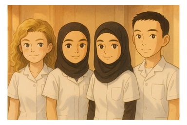 Four nursing students side by side in a warm indoor ambiance with natural lighting, wearing white short-sleeved uniforms with V-neck collars and left chest pockets, in Ghibli style. sticker