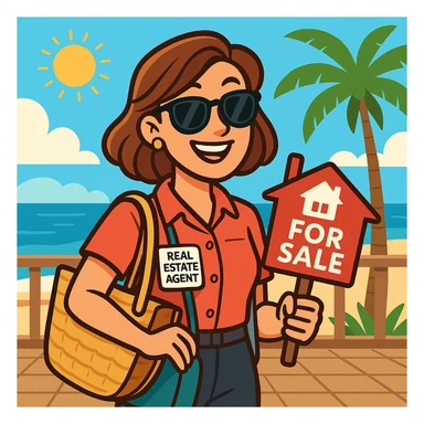 real estate agent with sunglasses, summer accessories like bag and badge, beach or terrace vibe, modern cartoon style sticker