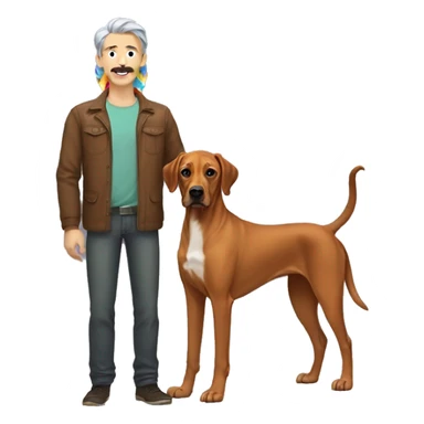 white male with long rainbow colored hair and a curled mustache standing alongside a brown rhodesian ridgeback dog sticker