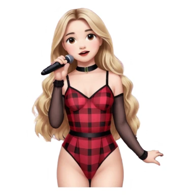 Sabrina carpenter singing at concert wearing a black and red plaid bodysuit  with red sheer top over it with huge crowd and light pink stage setting  sticker