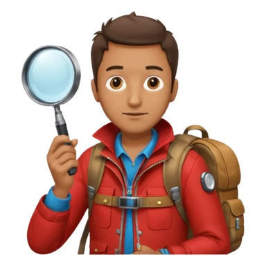 Explorer man with red jacket backpack and magnifying glass sticker