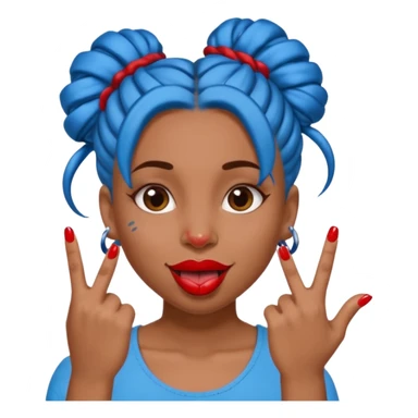 brown girl with blue locs in a bun with tongue out and red nails showing secomdnd finger sticker